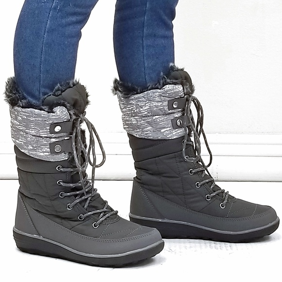New Gray Faux Fur Lace Up Mid-Calf Snow Boots - Picture 2 of 3